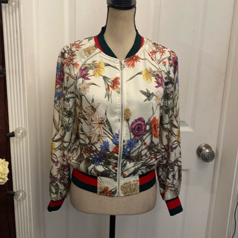 Floral Print Satin Bomber Jacket in Cream